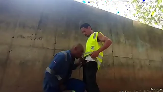 Trabalhadores transando escondido atrás da obra no horário de trabalho